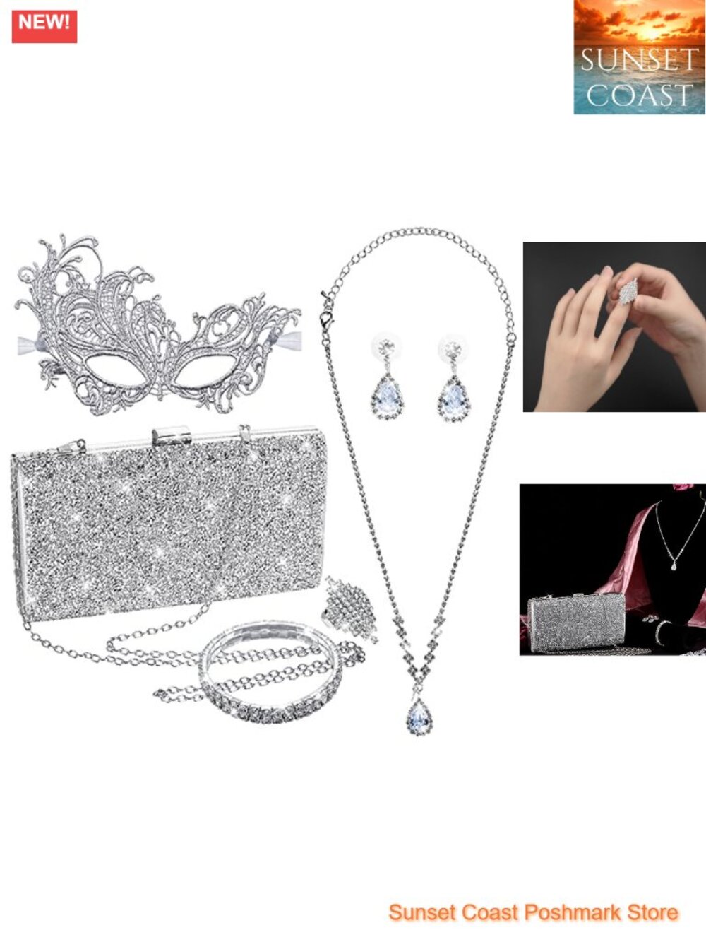 Masquerade Mask Set Lace Clutch Purse Rhinestone Crystal Necklace Earrings Ring